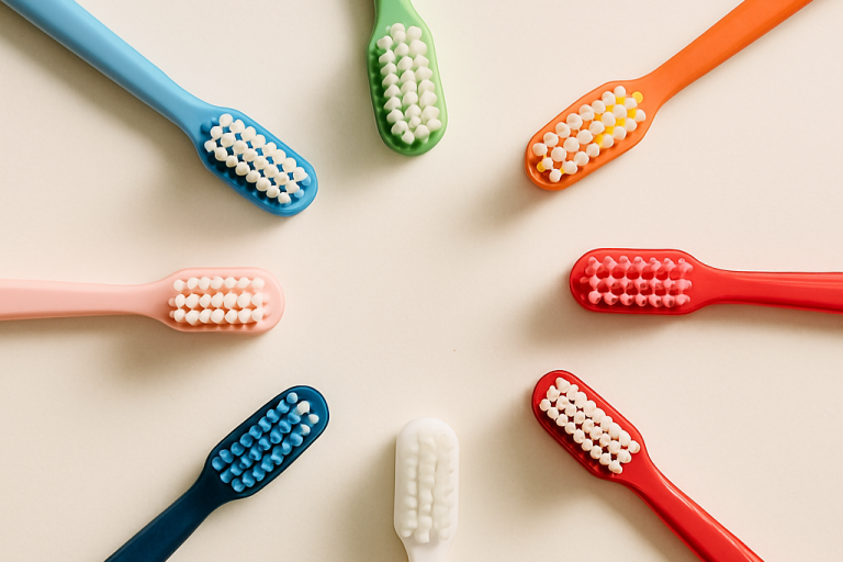 Zahnbürsten in verschiedenen Farben, kreisförmig angeordnet auf hellem Hintergrund.