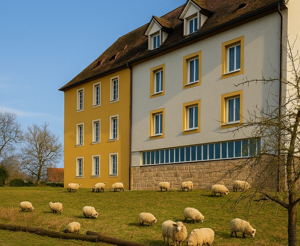 Schafe grasen vor einem Schloss an einem sonnigen Tag.