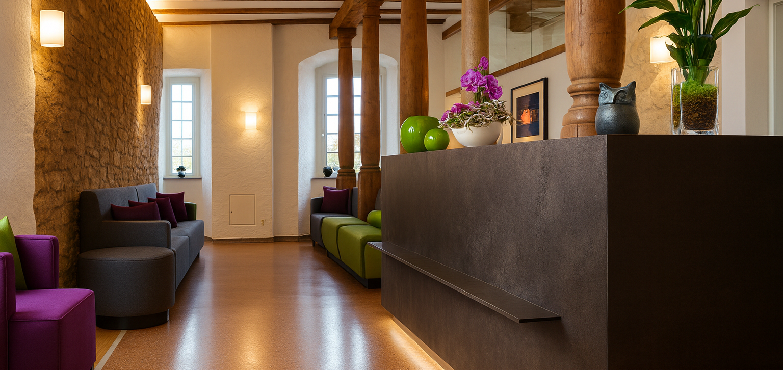 Modern Empfangsbereich mit eleganter Theke und gemütlichen Sitzgelegenheiten in neutralen Farben.