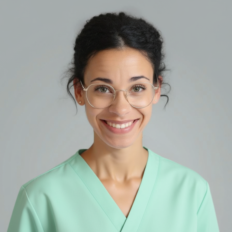 Lächende Frau mit Brille, trägt ein mintgrünes medizinisches Outfit.