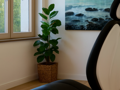 Eine Pflanze in einem Topf neben einem Stuhl und einem Fenster, mit einem Gemälde im Hintergrund.