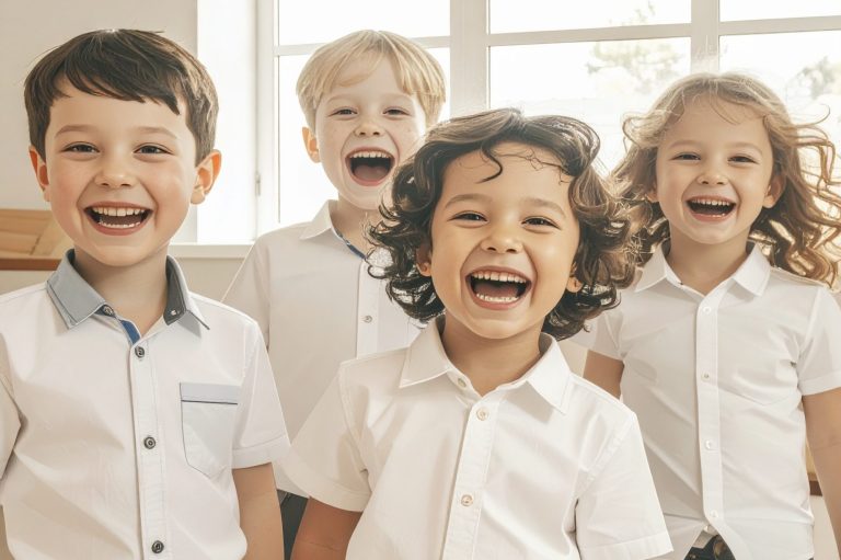 Vier lachende Kinder in weißen Hemden, stehen freudig nebeneinander.