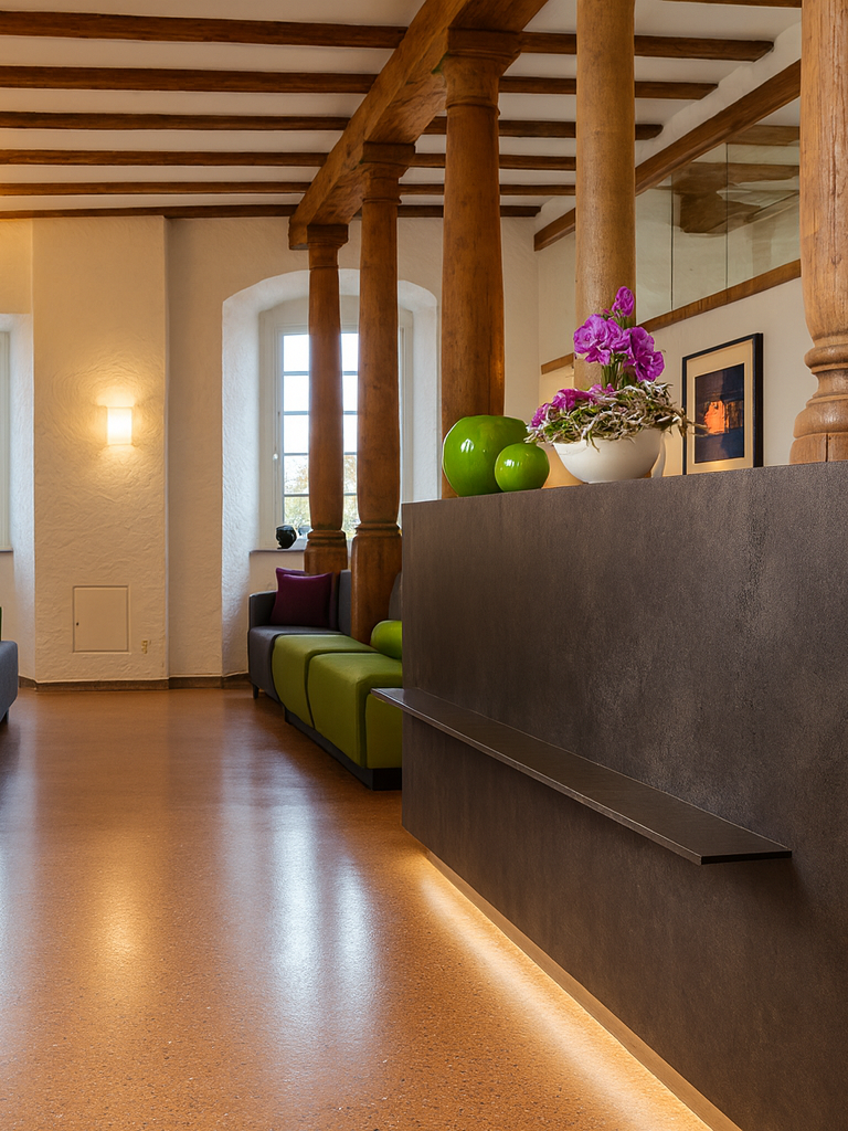 Modernes Interieur mit Holzsäulen, grünen Couchkissen und Blumenarrangement.