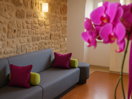 Eine moderne Praxiseinrichtung mit einem grauen Sofa und lila Akzentkissen, ergänzt durch eine Orchidée.