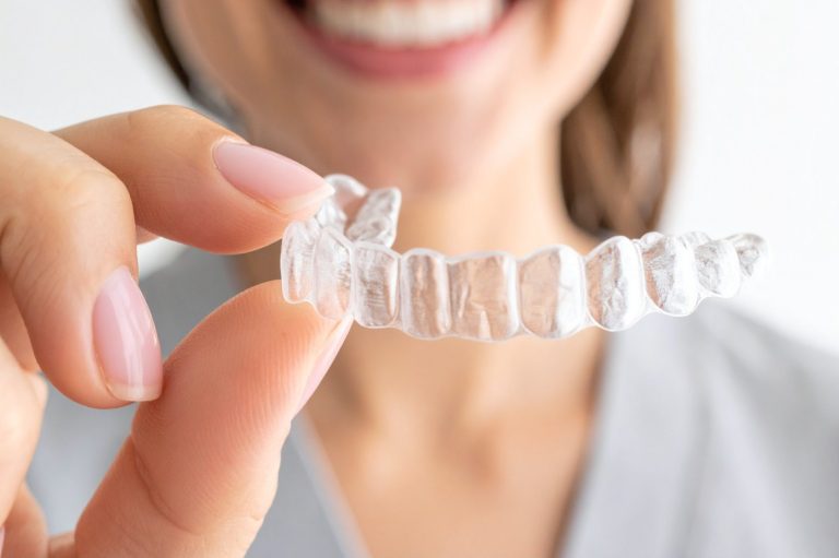 Eine Person hält eine durchsichtige Zahnschiene in der Hand und lächelt.