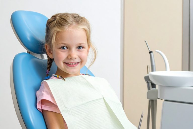 Lächelndes Mädchen sitzt im Zahnarztstuhl mit grüner Schürze.