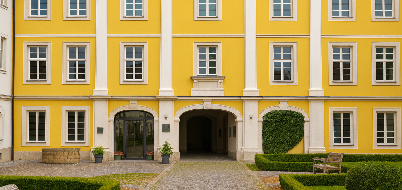 Gelbes Schloss mit Fenster und Bogen, umgeben von gepflegtem Grün.