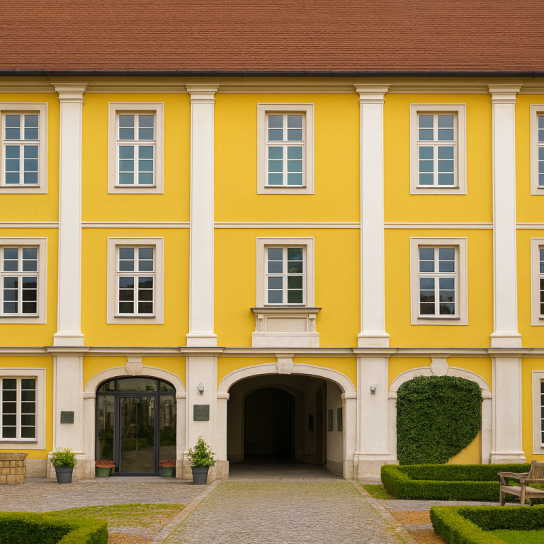Gelbes Schloss mit weißen Fenstern, Eingangsbereich und grüne Bepflanzung.