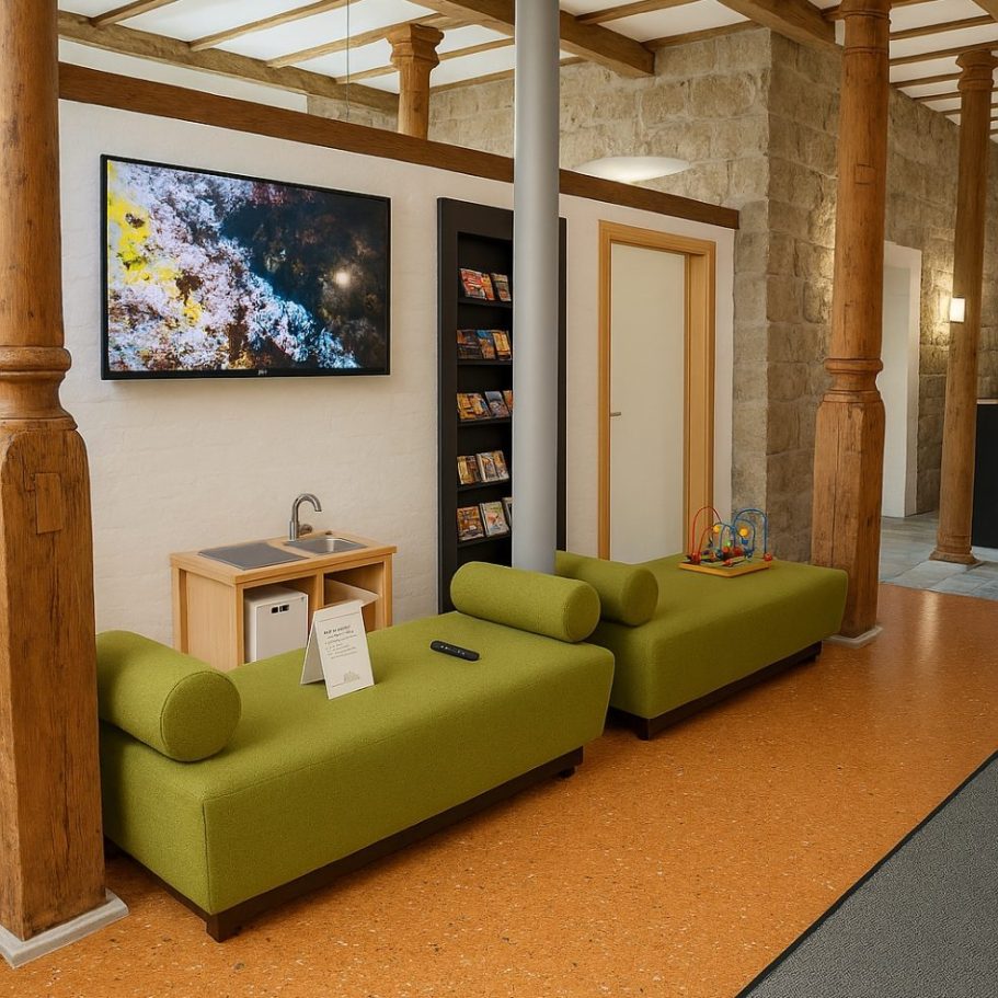 Helle Lounge mit zwei grünen Sofas, Fernseher und Bücherregal an einer Wand.