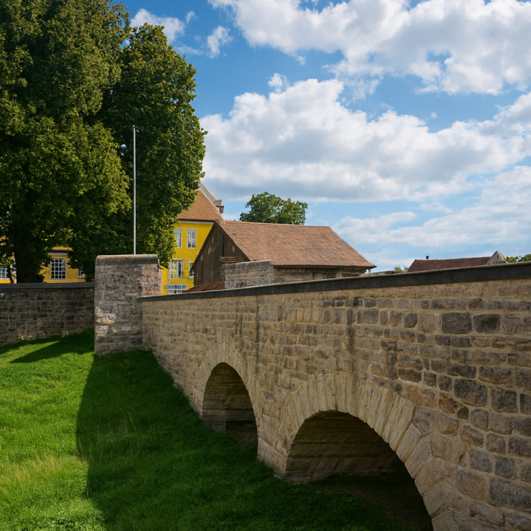 Steinbrücke über eine Wiese mit Bäumen und einem gelben Schloss im Hintergrund.