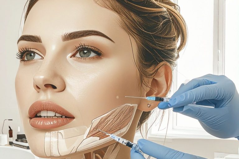 Frau mit glattem Teint erhält eine Botoxbehandlung gegen Bruxismus.