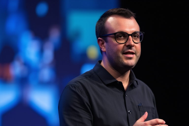 Ein Mann präsentiert auf einer Bühne, hinter ihm unscharfe Licht- und Farbsilhouetten.