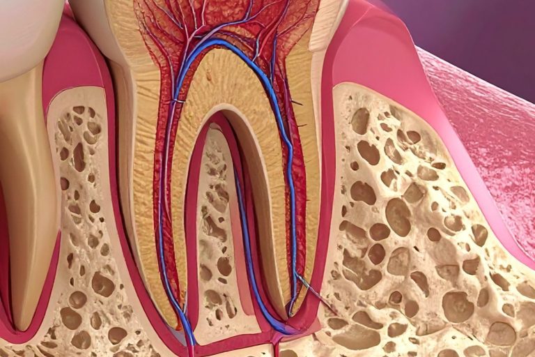 Querschnitt eines Zahns mit Wurzelkanälen und umgebendem Gewebe.